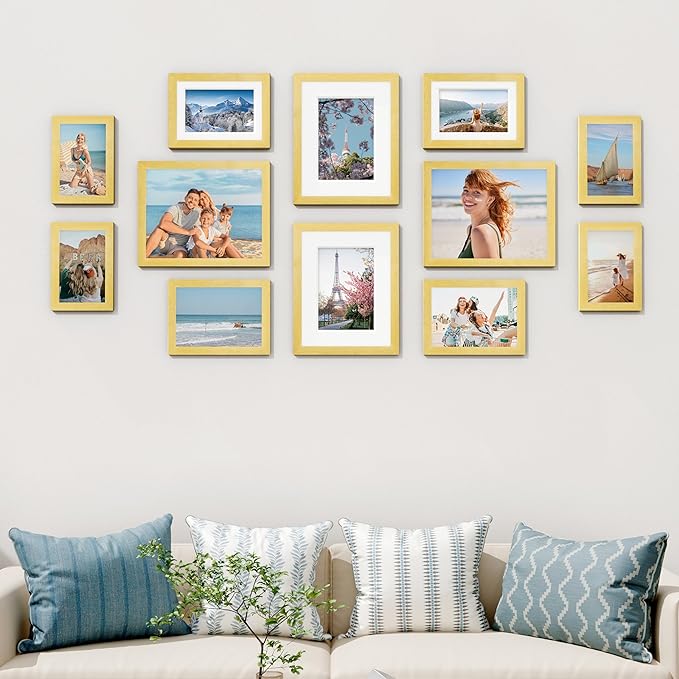 Vittanly 12 Pack Picture Frames Collage Wall Decor for Mounting or Tabletop Display, Gallery Wall Frame Set for Family, Multi Sizes Including 4pcs 8x10, 4pcs 5x7, 4pcs 4x6, Gold