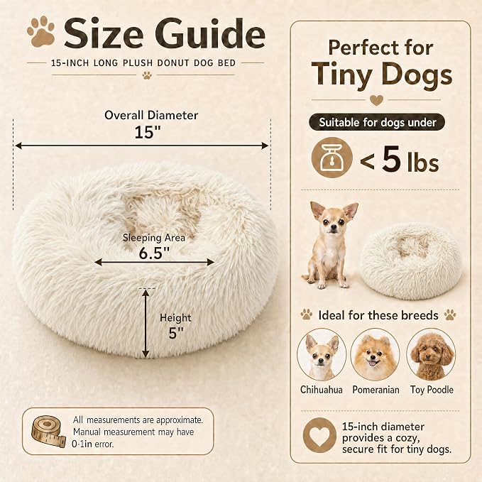 Tiny Dog Bed for Extra Small Dogs for Chihuahua Pomeranian Toy Poodle | 15 Inch Washable Puppy Bed,Soft Faux Fur Calming Donut Bed,Beige