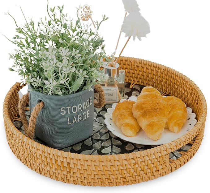 KOLWOVEN Round Rattan Tray with Handle, Rattan Serving Tray with Mother of Pearl Inlay Wooden Base, Decorative Wicker Basket for Table (Black- White Leaves)