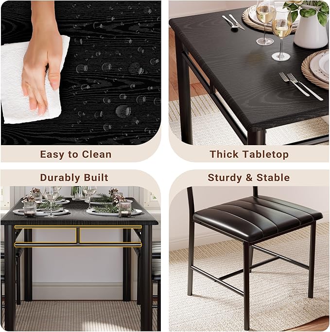 IRONCK Dining Table Set for 4, Wood Kitchen Table with Upholstered Chairs for Kitchen & Dining Room, Compact Dining Set for Small Spaces, Black