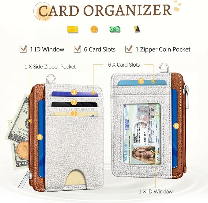 Kelvoris Credit Card Holder Small Wallet Women, Slim RFID, White Caramel | Keychain, Zipper Coin Pocket, Front Pocket Thin Travel Card Case, Minimalist, 6 Card Slots, 1 ID Window, Ladies Gifts Woman