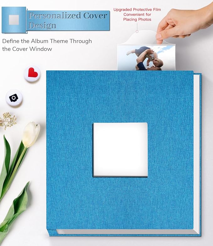 Photo Album Self Adhesive Scrapbook Album for 3x5 4x6 5x7 8x10 Pictures,120 Pages Linen Cover with Display Window DIY Photo Book,Ideal Gifts for Family Travel Wedding Baby