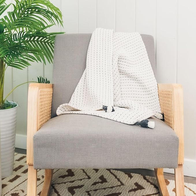 Crane Baby White and Black Stitched Stripe Blanket, Soft Cotton Nursery and Stroller Blanket, 100% Cotton, 36" x 36"