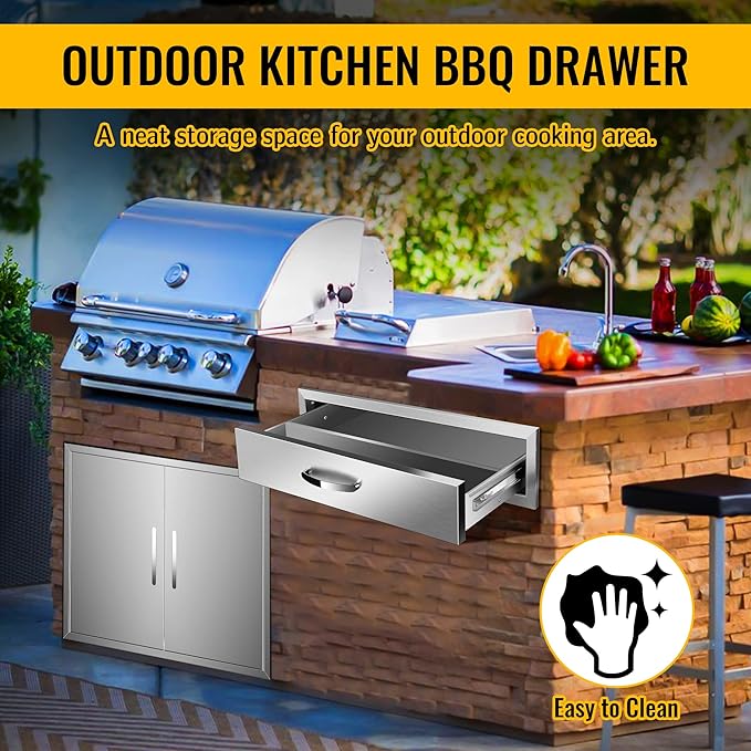 Outdoor Kitchen Drawers Stainless Steel 30W X 6.5H X 23D Inch, Flush Mount Single BBQ Island Drawers with Handle for Outdoor Kitchens, Patio or Grill Station