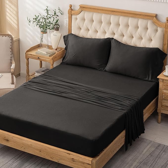PURE ERA Jersey Knit 4pc Bed Sheet Set 100% T-Shirt Cotton Super Soft Comfy Breathable Fits Mattress Up to 20" Extra Deep Pocket (Solid Black, King)
