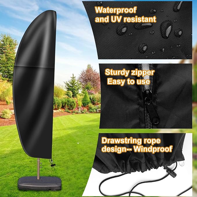 Patio Cantilever Umbrella Covers for Outdoor: Waterproof Offset Umbrella Cover Banana Style with Zipper fits 9FT to 14FT, Black