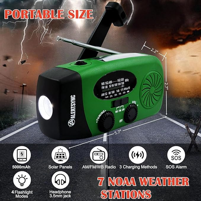 Solar Emergency Hand Crank Weather Radio, Portable Self Powered NOAA AM/FM Radios with SOS Alarm LED Flashlight 5000mAh Smart Phone USB Charger for Camping (Green)