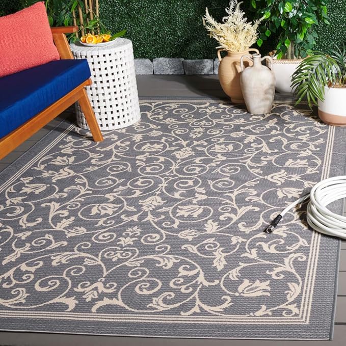 SAFAVIEH Washable Rug Outdoor Courtyard Collection - 4' x 5'7", Grey & Natural, Non-Shedding & Easy Cleaning, Ideal for Patio, Backyard, Mudroom (CY2098-3606)