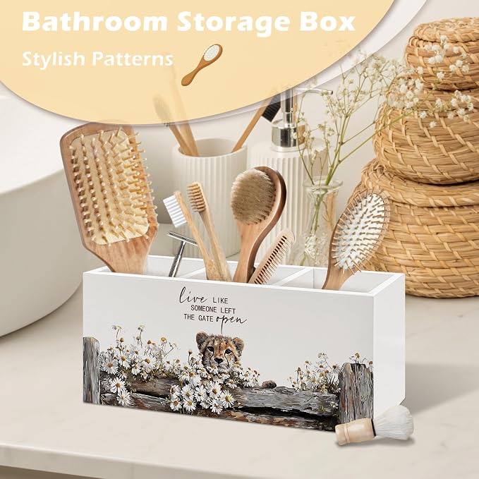 Rustic Cheetah Pen Holder Organizer, Farmhouse Leopard Gifts for Women Desk Decor, Live Like Someone Left the Gate Open Wooden Pen Pencil Holders for Vintage Desk Accessories