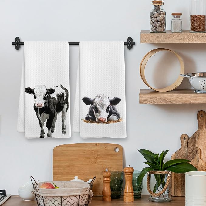 Funny Cow Kitchen Towels and Dishcloths Sets of 2, Cow Decor Stuff Gifts for Women, Woodsy Rustic Cabin Farmhouse Farm Nursery Home Decor Dish Hand Tea Towels for Bathroom Kitchen,16x24 Inch