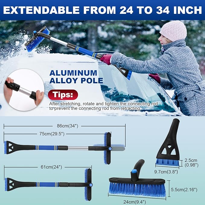 BFONS 2Pack Ice Scrapers for Car Windshield, 2-in-1 Snow Scraper and Snow Brush for Car SUV Truck, Car Ice Windshield Scraper for Ice and Snow with 360° Pivoting Brush and Ergonomic Foam Grip Blue