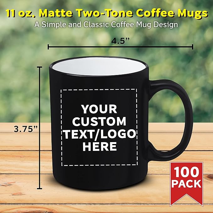 DISCOUNT PROMOS 100 Matte Two-Tone Coffee Mugs Set, 11 oz. - Customizable Text, Logo - Stoneware, Drinkware, Durable, C-handle - White