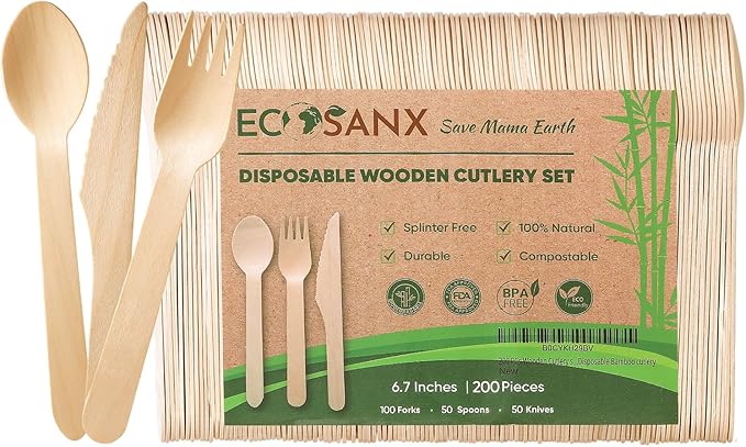 ECOSANX® 200 PCs Disposable Wooden Cutlery set 6.5" Splinter Free Compostable Utensils for party, Eco-Friendly, 100% All-Natural Bamboo Utensils set for picnic, Bamboo cutlery set for Events & More