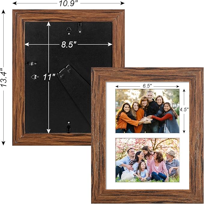 8.5x11 Picture Frame Display 2 opening Double 5x7 Picture Frame Collage,Multi Photo Frame with Mat,Plexiglass,Horizontal and Vertical Formats for Wall Decor,Carbonized Brown Wood Grain