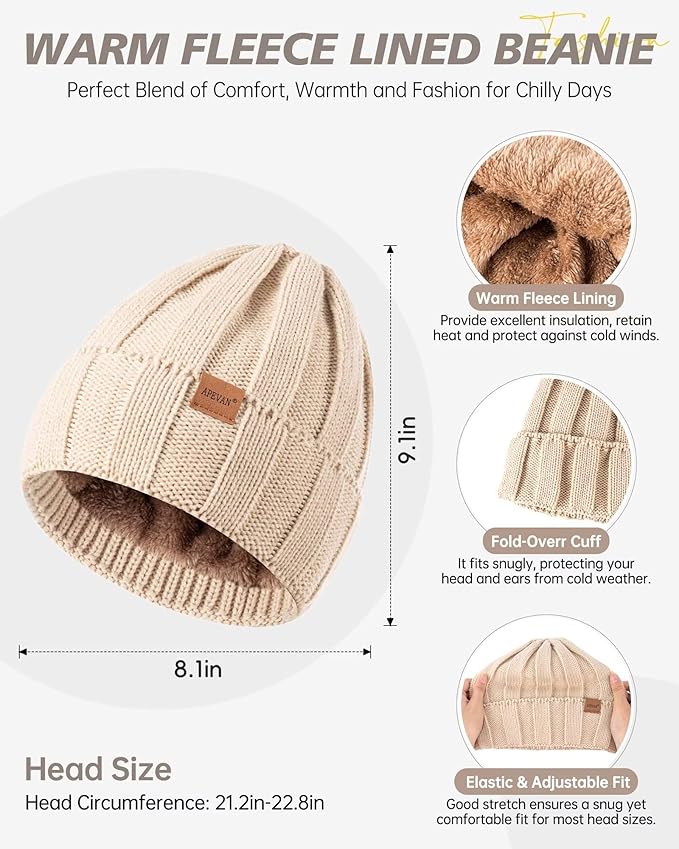 Winter Hat Gloves Scarf Earmuffs Set for Women, Fleece Lined Beanie Long Scarf Touchscreen Gloves Ear Warmer, 4 in 1 Gift Set