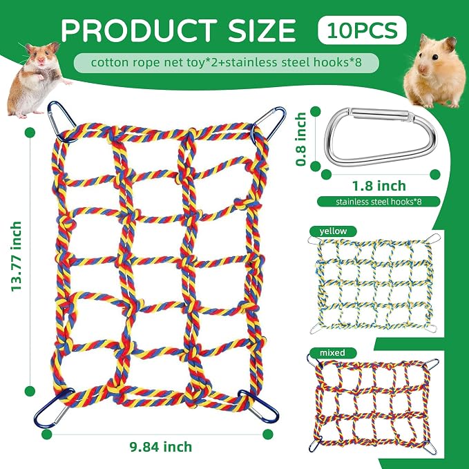 2 Pcs Rat Climbing Ropes for Cage Accessories - Bird Rope Rat Toys - 12.6 x 9.84 inch Hammock - Cotton Rope Bridge - Bird Ladder with 4 Silver Hooks