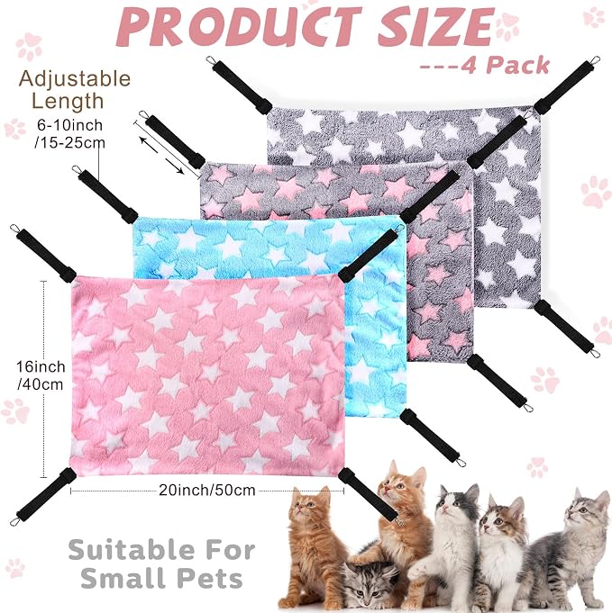 Geelin 4 Pcs Cat Hammock Hanging for Cage Bed, Large Star, 16 x 20 Inch | Reversible Soft Pet Sleeping Hammocks with Adjustable Strap, Metal Hook, for Cat, Ferret, Puppy, Rabbit, Kitten, Small Animal