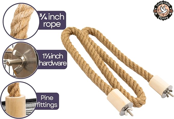 Bird Rope Perch for Parrots, Bendable Natural Jute Boing with Pine Wood and Stainless Steel Mount, Cotton Alternative, Cage Accessory for Parrots (Brown, 4 feet)