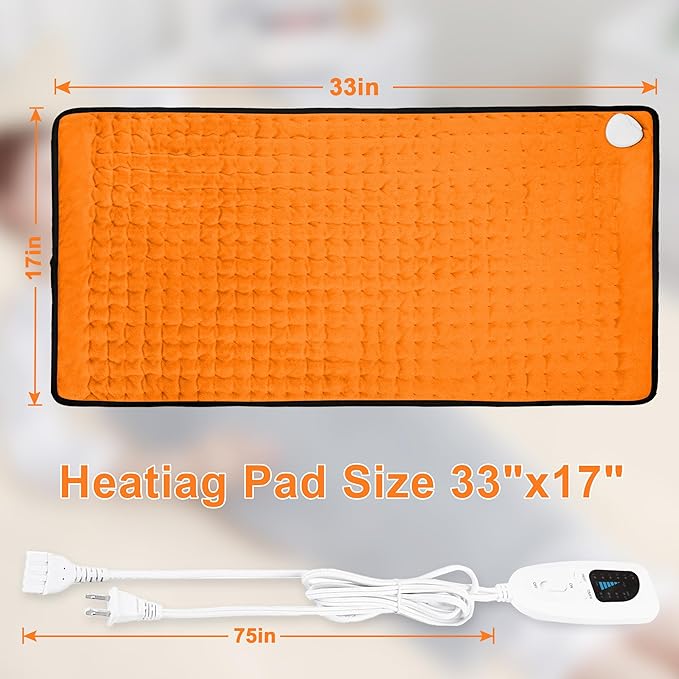 Deepsoon Heating Pad,Electric Heating Pads for Back,Neck,Abdomen,Moist Heating Pad for Shoulder,Knee,Arms,Legs,Dry/Moist Heat & Auto Shut Off,Christmas Gifts for Men and Women,Orange Black,33x17 Inch