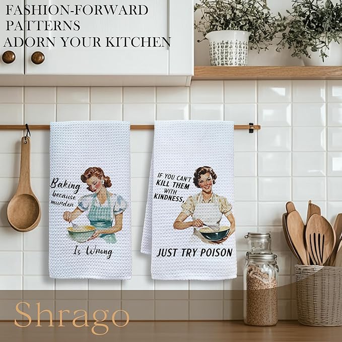 Funny Retro Baking Kitchen Towels, Gifts for Baking Lovers Dish Tea Towels for Kitchen, Hostess Gifts for Women, Sarcastic Gift Decorative Hand Towel, 16x24 Inch Set of 2