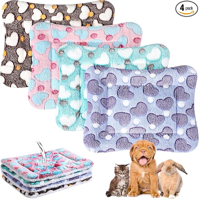 Haull 4 Pcs Waterproof Guinea Pig Bedding Soft Dog Cat Bed Crate Mat Small Animal Plush Cage Liners Rabbit Bunny Kennel Pad Reversible Cozy Pee Thickened Hamster Pad(Heart,13 x 18.5 Inch)