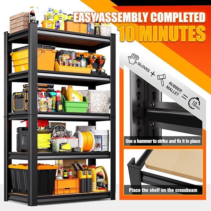 71.2" H Garage Shelving Heavy Duty Storage Shelves, Metal Adjustable Shelving Unit, Utility Garage Organizer Shelf for Basement, Pantry, Kitchen, Warehouse,11.8" Dx27.5 Wx71.2 H Black