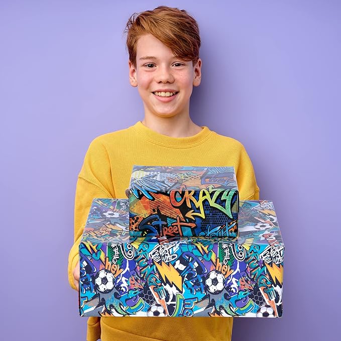 PlandRichW Graffiti Wrapping Paper Folded for Boys Girls Kids Adult Birthday 4 Styles of Sport with Lightning Basketball Football Crazy Graffiti Text, Pre-cut 12 Sheets Each 20" X 29"