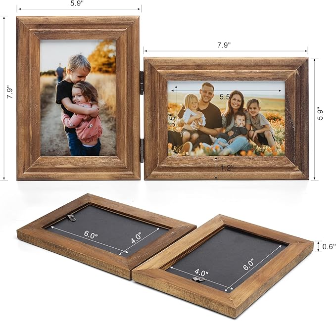Vertical & Horizontal 4X6 Picture Frames Double Hinged Wood Folding Photo Frames with Real Glass Front Fit for Desktop or Tabletop, Wood Grain XZON-V46-H64