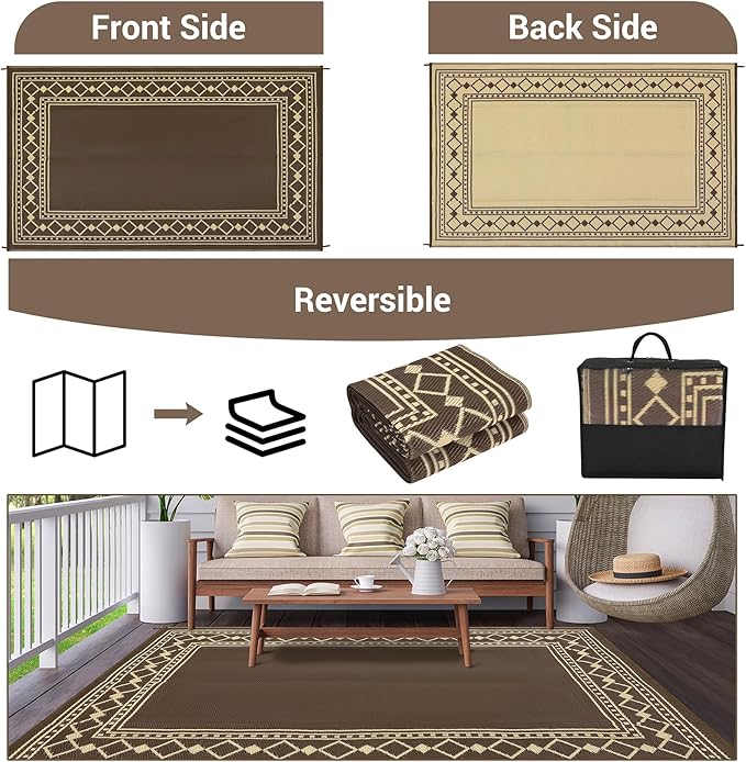 10x14 Large Outdoor Rug,Modern Bordered Plastic Straw Carpet,Waterproof Lightweight Outdoor Carpet,Easy Cleaning Folding Uv Resistant Picnic Camping Mat,Brown/Coffee