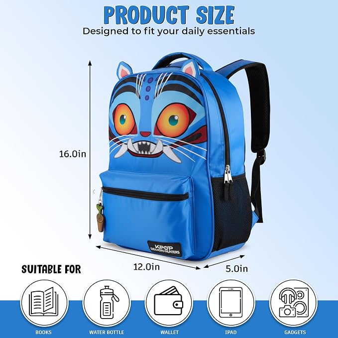 AI ACCESSORY INNOVATIONS K-Pop Demon Hunters 16” Backpack for Girls, Featuring a Big Face Derpy with 3D Ears and Embroidery, Rubber Molded Bag Charm, Derpy