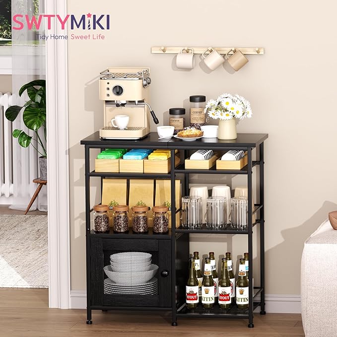 SWTYMIKI Coffee Bar Cabinet Station - Farmhouse Small Coffee Stand Station with Doors, Rustic Storage Organizer for Kitchen, Buffet Sideboard Cabinet Table for Home, Office, Corner, Bar, Black