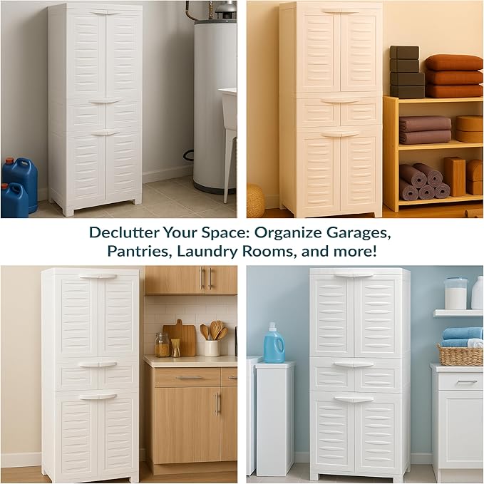 Sunnydaze 57" H Resin Garage Storage Cabinet - Garage Cabinet with 2 Adjustable Shelves - Freestanding Utility Storage for Laundry Room, Office, Basement - Speckled White