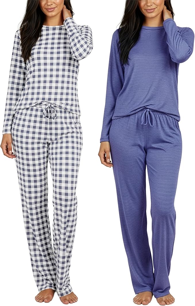 Real Essentials 2 Pack: Women's Comfy Pajama Sets - Short & Long Sleeve Ladies Loungewear Sleepwear PJs (Available In Plus)