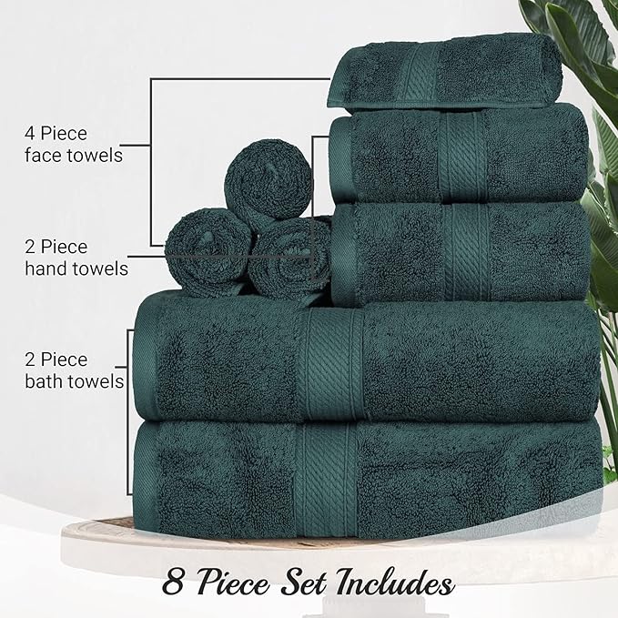 BLUENILEMILLS Madison Egyptian Cotton Towels, Towel Set for Bathroom, Shower, Hotel, Plush, 900 GSM, Highly Absorbent and Ultra-Soft Towels, Bath Essentials, 8 Piece Assorted Towel Set, Teal