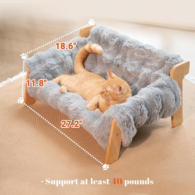 CHEERHOME PETS Elevated Cat Couch Bed Wooden Raised Kitty Sofa Lounge Chair | Washable Fluffy Cover Wooden Elevated Pet Furniture for Indoor Cats and Puppy(Dark Grey)