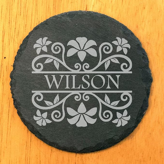 Personalized Monogram Family Coasters, Natural Stone Set, Birthday, Wedding, Customized, Rustic - Round Slate - Set of 8