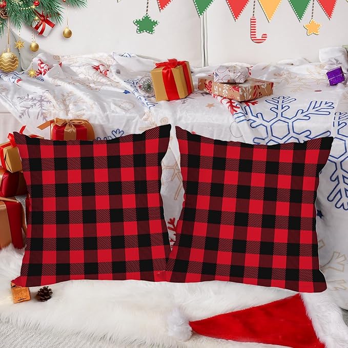 Fukeen 2 Pack Waterproof Outdoor Christmas Pillow Covers 16x16 Inch Red and Black Buffalo Plaids Checked Throw Pillow Cases New Year Winter Farmhouse Decorations Cushion Cover Double Sided