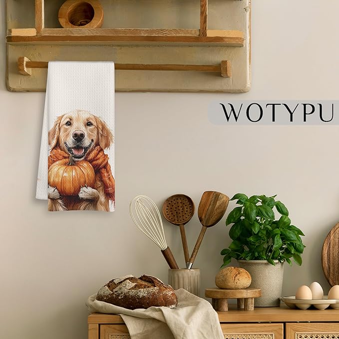 Fall Golden Retriever Gift Kitchen Towels, Golden Retriever Lovers Gifts, Farmhouse Fall Autumn Maple Leaf Dog Decorative Dish Hand Tea Towels for Bathroom Kitchen, 16x24 Inch