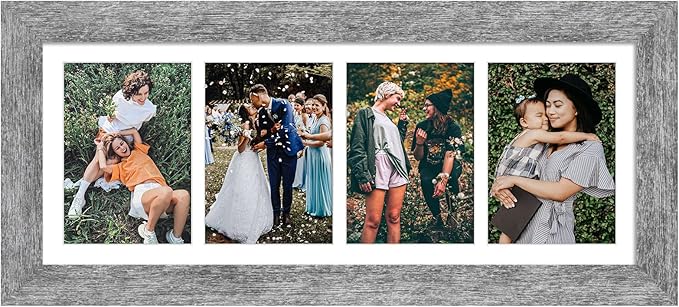 8x21 Picture Frame Display 4 opening 5x7 Collage Picture Frame,Multi Photo Frame with Mat,Plexiglass,Horizontal and Vertical Formats for Wall Decor,Grey Wood Grain