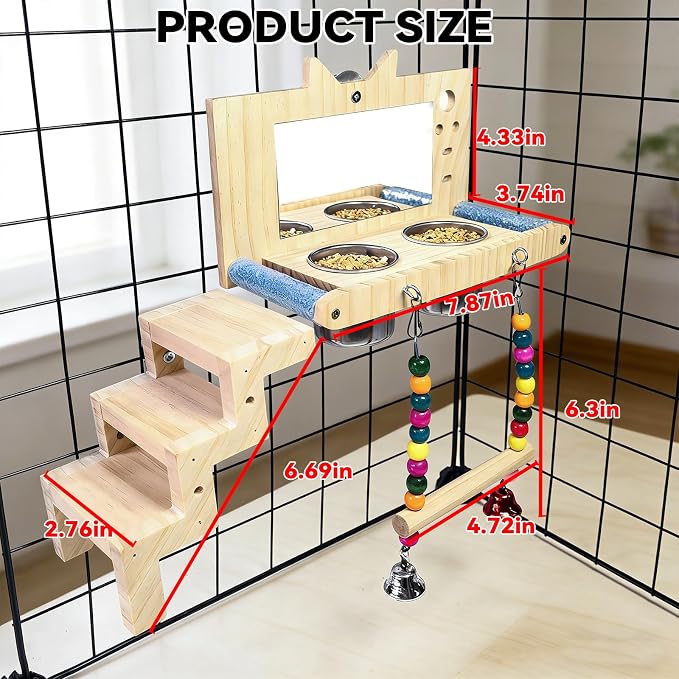 Bird Perch Platform with Mirror Ladder Swing Bowl,Parrot Play Gym Cage Toys | Bird Wood Playing Exercise Stands Perches,Parakeet Climbing Ladder Playground Cage Accessories for Cockatiel Budgie Lovebird
