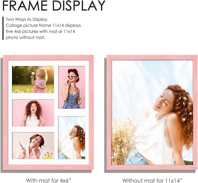 11x14 Collage Picture Frame 4x6 Collage Picture Frame Displays Five 4x6 inch Photos or 11x14 (Without Mat) Wall Decor Wall Hanging or Tabletop Pink