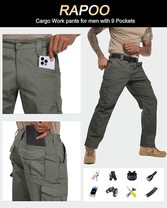Rapoo Ripstop Water Resistant Cargo Tactical Pants for Men EDC Hiking Work Military Army Pants with 9 Pockets