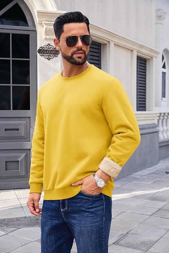Boladeci Men's Full Sherpa Lined Crewneck Sweatshirts Heavy-weight Fleece Pullover Thick Thermal Long Sleeve Cotton