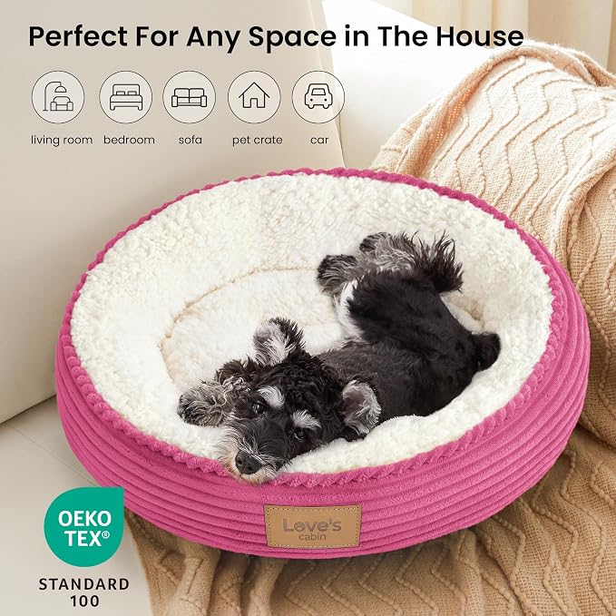 Love's cabin Round Donut Cat and Dog Cushion Bed, 24in Pet Bed for Small or Medium Dogs, Anti-Slip & Water-Resistant Bottom, Soft Durable Fabric Pet Beds, Washable Calming Cat Bed Hot Pink
