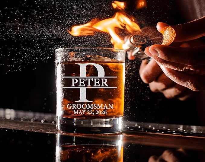 Set Of 4, Personalized Whiskey Glass For Groomsman Gifts, Best Man, Groom, 11oz Old Fashioned Custom Monogrammed Whiskey Glass