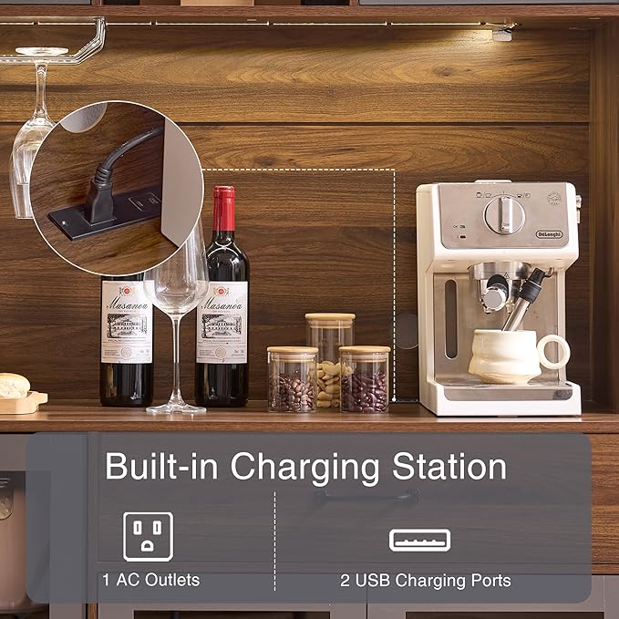 71" Tall Pantry Cabinet, Coffee Bar Storage Cabinet with Charging Station & LED Lights, Kitchen Hutch Food Pantry Cabinet with Wine Rack, Large Drawer, Adjustable Shelves & Microwave Stand, Brown | Coffee Bar, Liquor Cabinet, Power Outlet, LED Lights, ...
