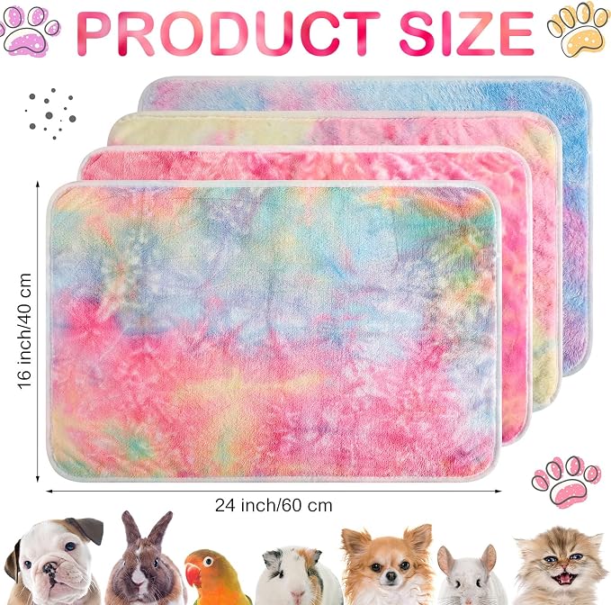 Reginary 4 Pcs Guinea Pig Fleece Blankets, Tie Dye, 24 x 16 Inch | Waterproof Washable Cage Liners, Absorbent Double Layer Bedding for Guinea Pigs, Reusable Pads for Hamsters Rabbits