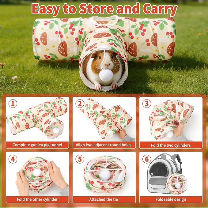 Rypet Guinea Pig Tunnel Hideout 3-Way Collapsible Small Pet Tubes, Cherry | 3 Way Design for Exploration, Collapsible for Easy Storage, Built-in Play Ball, Hiding & Resting for Hamsters Ferrets