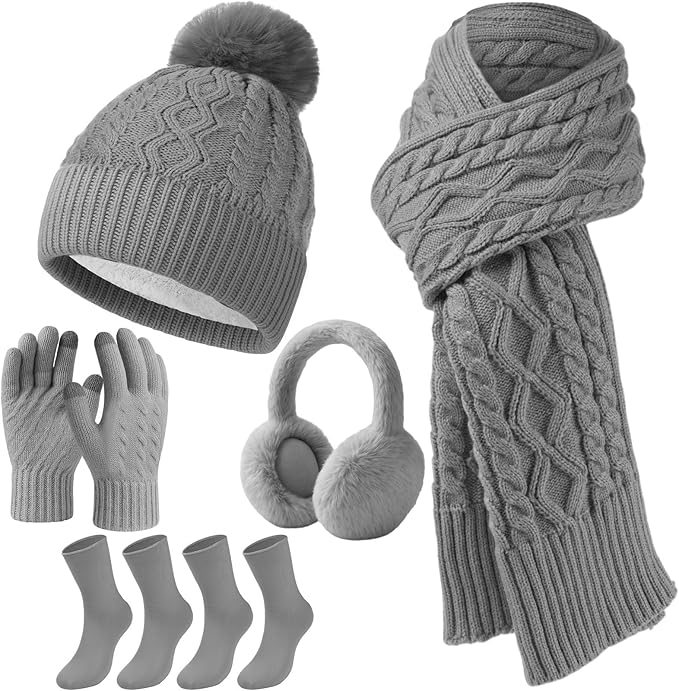 Geyoga 6 Pcs Winter Warm Set for Women Warm Beanies Hats Touchscreen Gloves Long Scarf Ear Muffs Socks Winter Gifts for Women