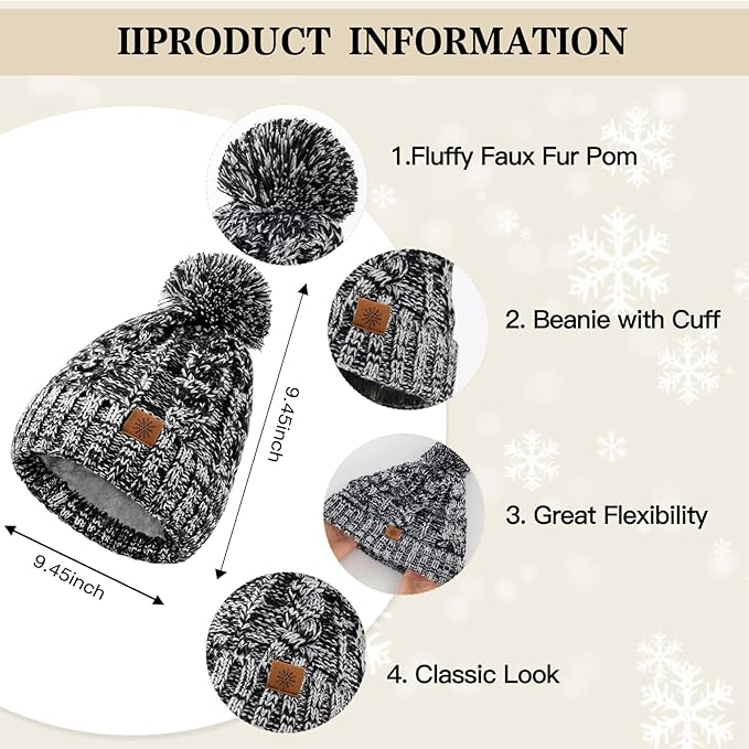 Tavaleu Womens Winter Beanie Hat Scarf Gloves Set, Pom Pom Beanie Warm Knit Scarf Touchscreen Gloves for Cold Weather